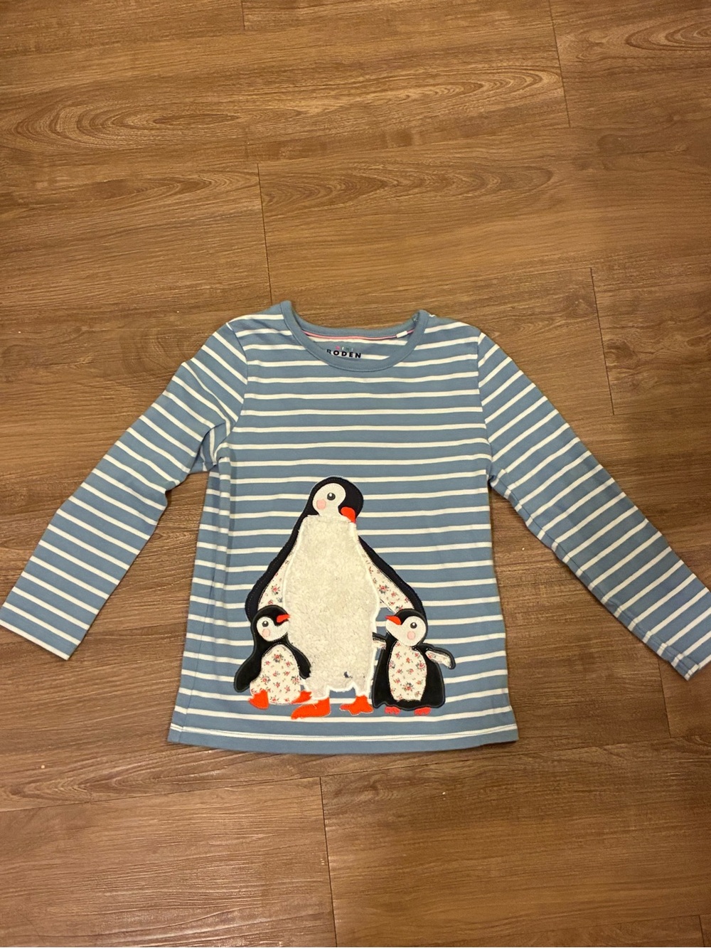 Mini Boden Blue & White Striped Long-Sleeve Tee with Penguin Appliqué